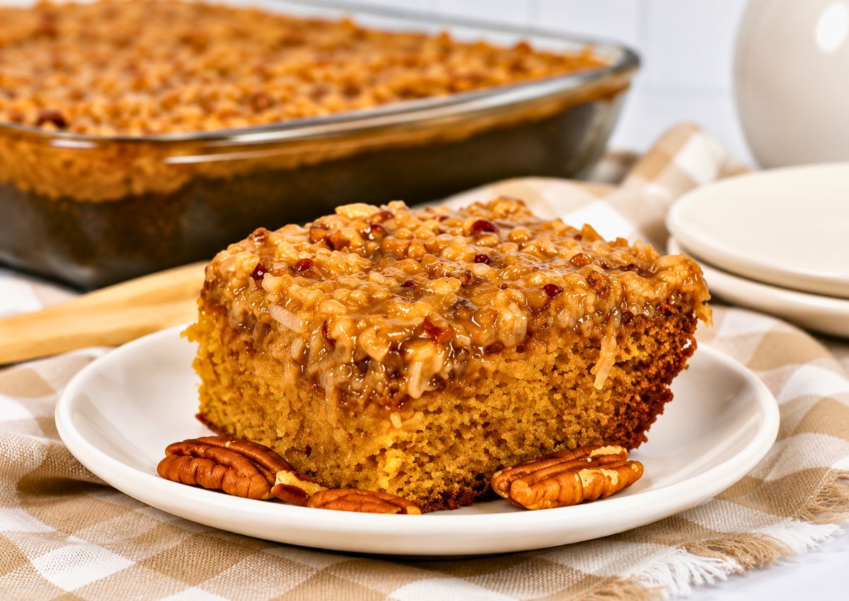 A slice of golden brown cake topped with a nutty glaze sits on a white plate with pecans, with a baking dish of cake in the background.