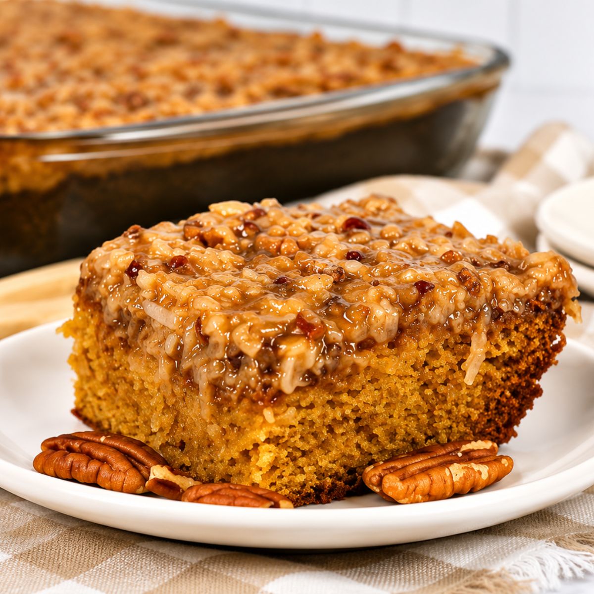 A slice of pumpkin cake with a pecan and coconut topping sits on a white plate, with whole pecans arranged around it. A glass baking dish of cake is in the background.