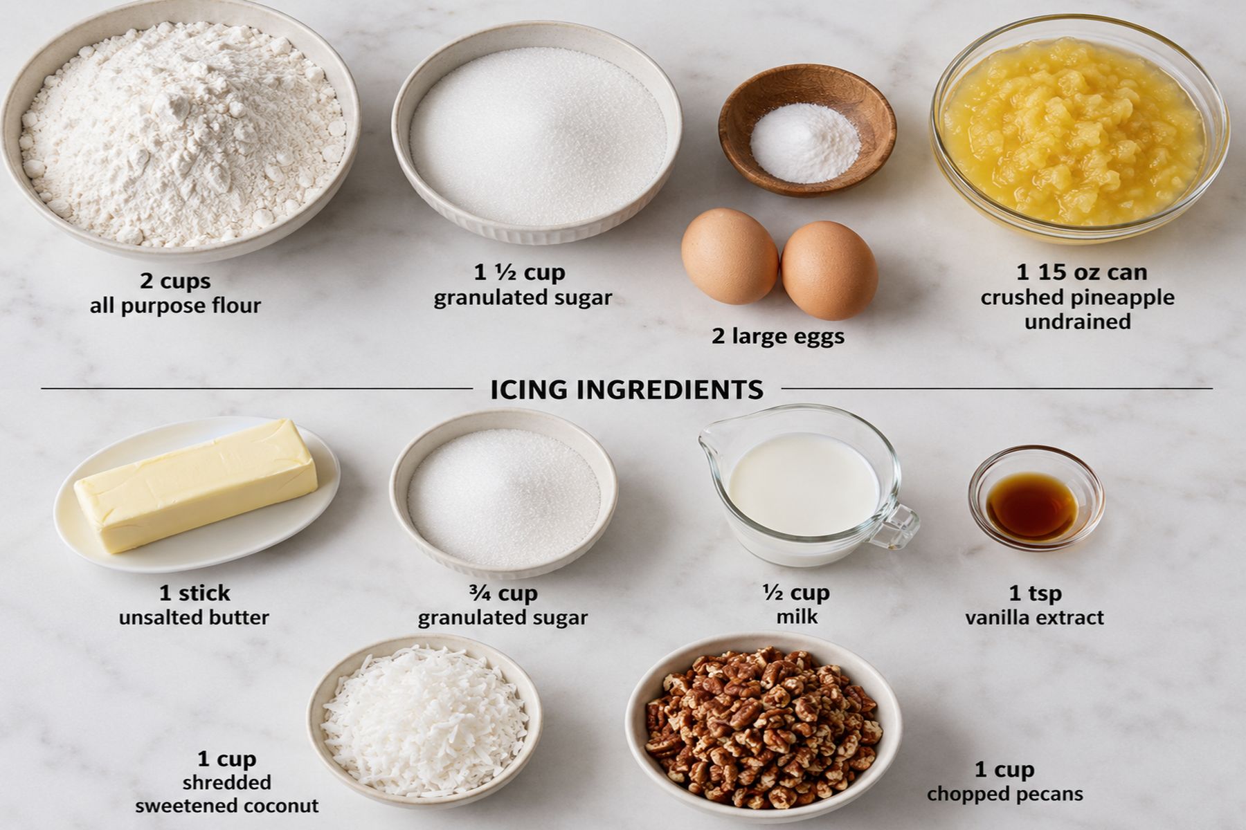 A marble countertop displays measured ingredients for a cake and icing, including flour, sugar, eggs, pineapple, butter, milk, vanilla, coconut, and pecans in bowls and dishes.