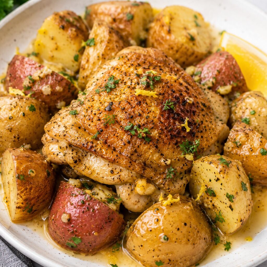 A plate of roasted chicken thigh and seasoned red potatoes, garnished with chopped herbs and lemon zest.