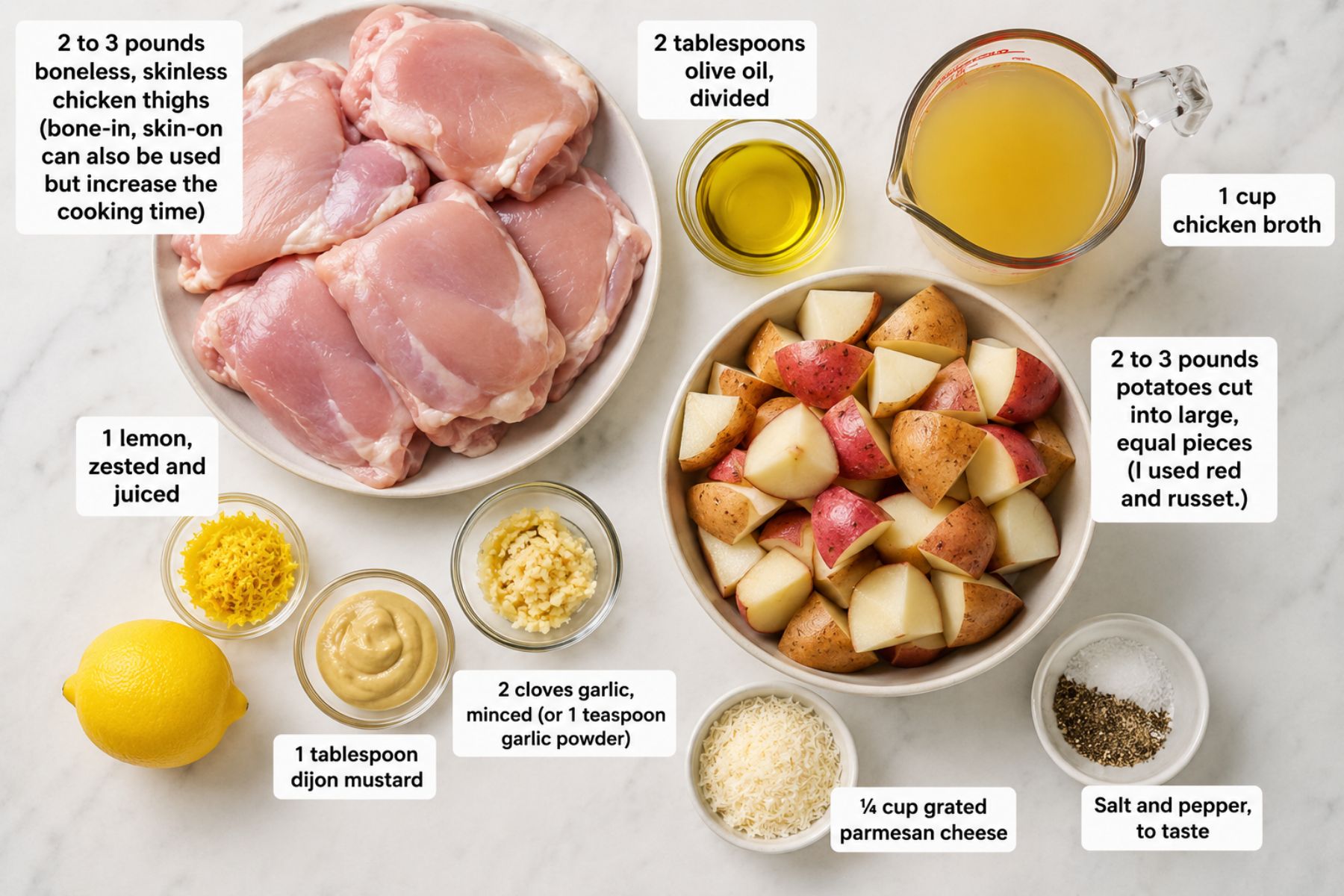 Raw chicken thighs, diced potatoes, olive oil, chicken broth, a zested and juiced lemon, Dijon mustard, minced garlic, grated parmesan cheese, salt, and pepper arranged on a white surface.