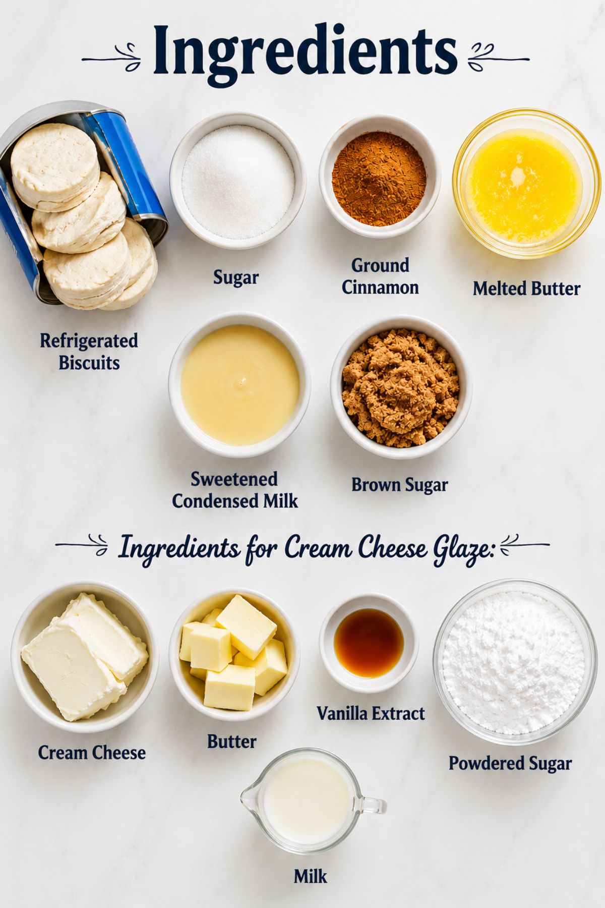 Ingredients for a dessert are arranged on a white surface, including biscuits, sugar, cinnamon, melted butter, condensed milk, brown sugar, cream cheese, butter, vanilla, powdered sugar, and milk.