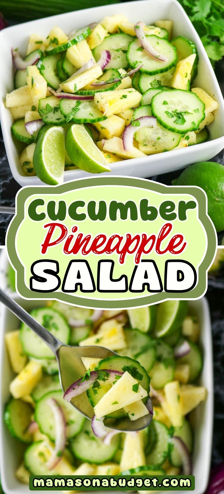 A bowl of cucumber and pineapple salad with red onion slices, lime wedges, and herbs, shown with a serving spoon and website branding.