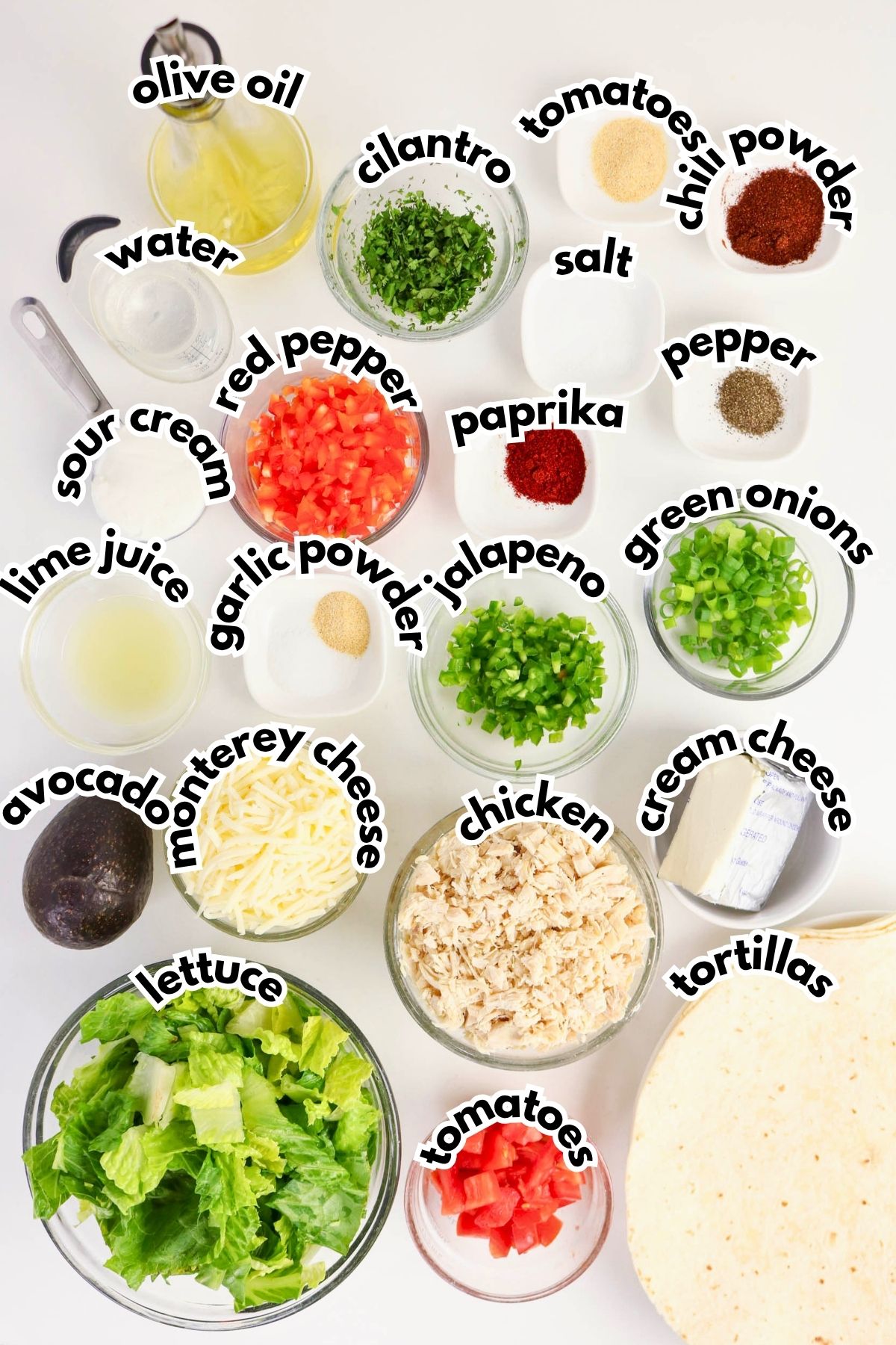An overhead view of labeled ingredients in bowls and on a counter, including chicken, cheese, avocado, peppers, seasonings, lettuce, tomatoes, tortillas, and other toppings.