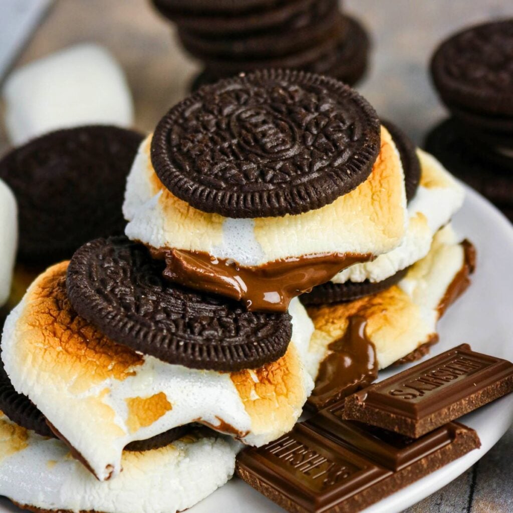 A plate with chocolate sandwich cookies filled with toasted marshmallows and melted chocolate, next to pieces of chocolate bar and more cookies.