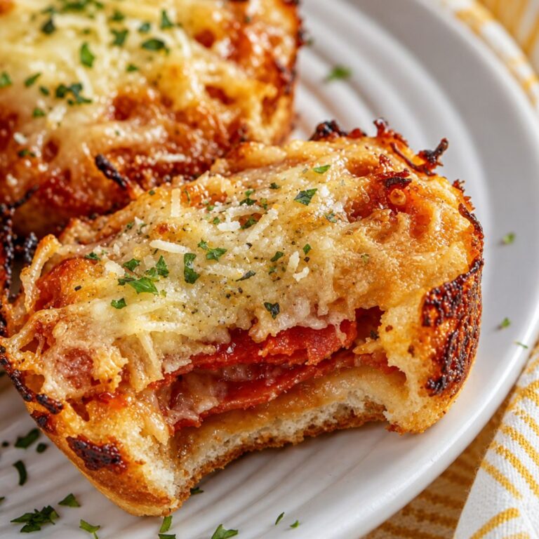 Close-up of a cheesy, baked mini pizza bite with a visible layer of pepperoni and melted cheese, garnished with herbs, on a white plate.