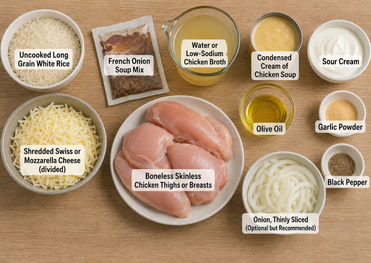 Various labeled ingredients, including raw chicken breasts, cheese, rice, soup mix, broth, soup, sour cream, oil, onion, garlic powder, and black pepper, arranged on a countertop.