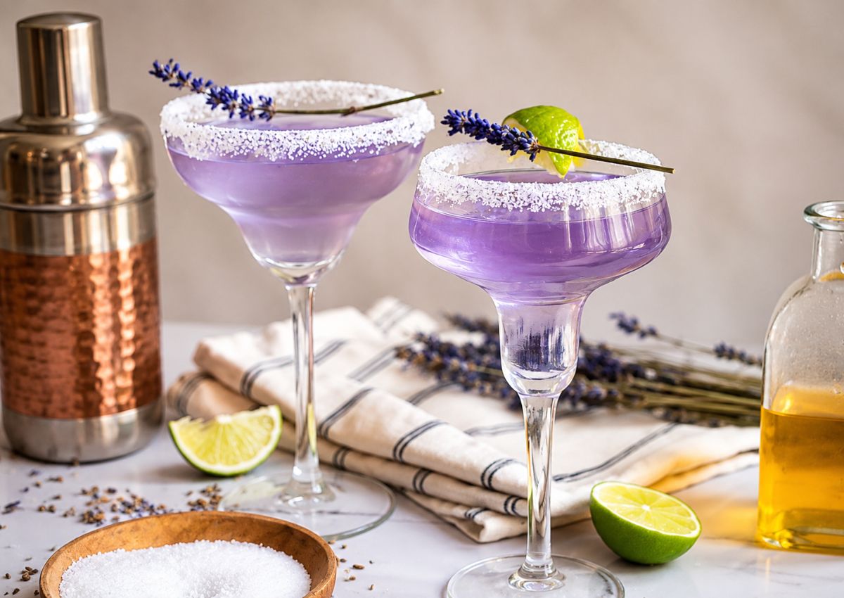 Two purple cocktails in salt-rimmed glasses, garnished with lavender sprigs and lime slices, sit on a table with a cocktail shaker, cut limes, a jar of yellow liquid, and a bowl of salt.