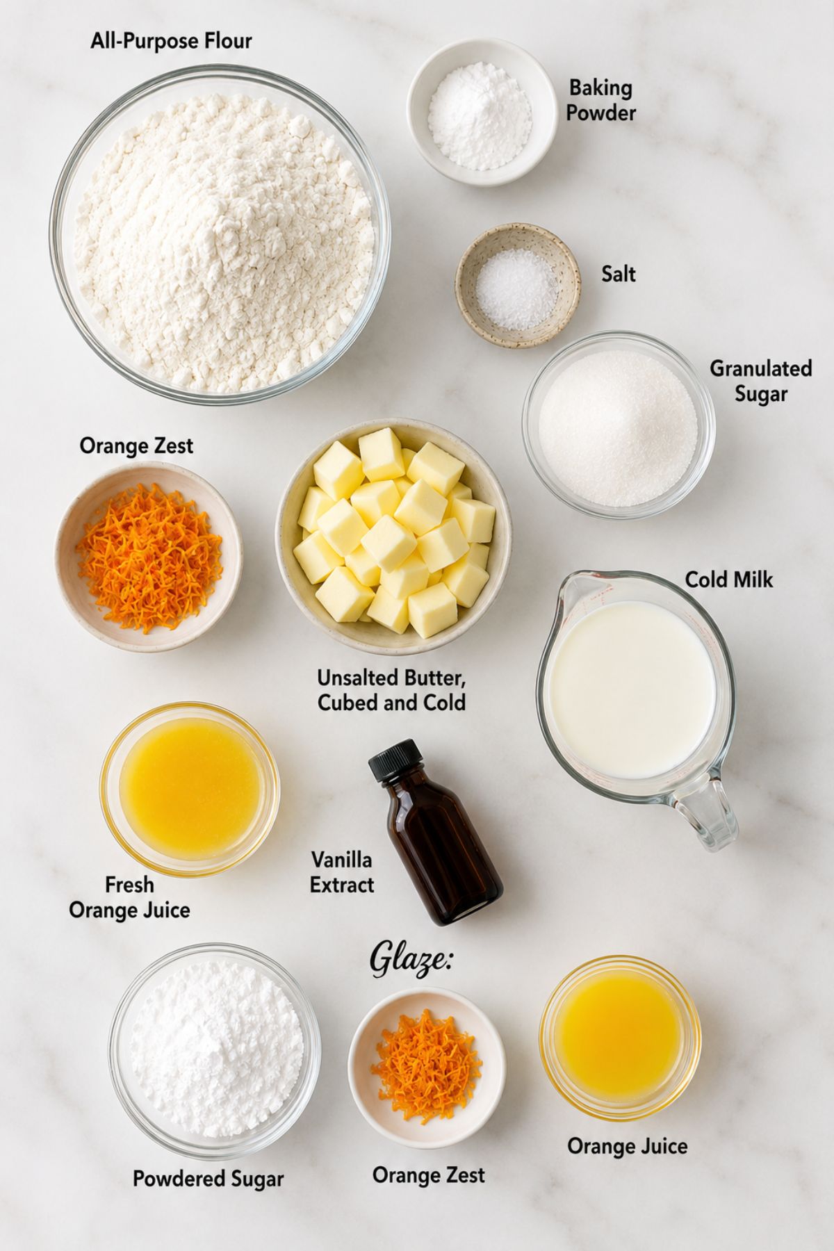 Ingredients for orange scones arranged on a marble surface, including flour, baking powder, salt, sugar, butter, milk, orange zest, orange juice, vanilla, and powdered sugar for the glaze.