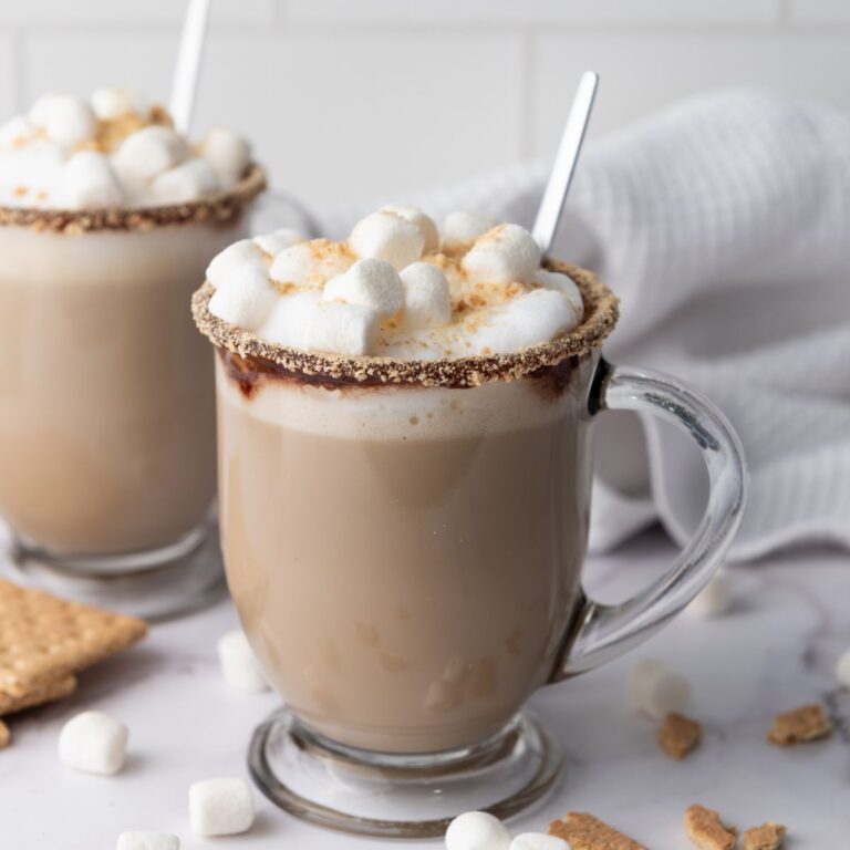 Two glass mugs of hot chocolate topped with mini marshmallows and graham cracker crumbs, each with a spoon, sit on a white surface with scattered graham crackers and marshmallows.