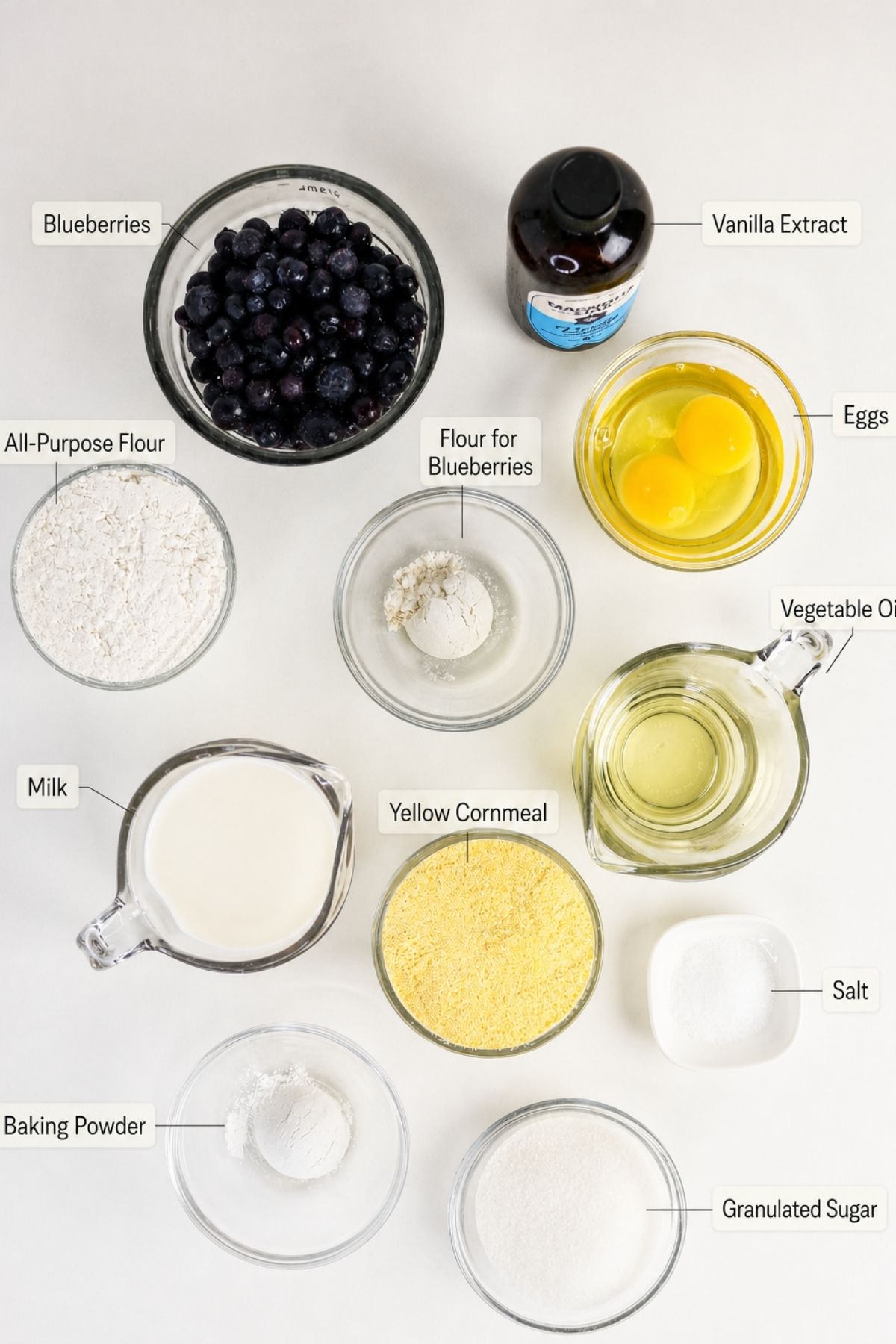 Top-down view of labeled baking ingredients in bowls and cups, including blueberries, eggs, flour, cornmeal, sugar, milk, oil, baking powder, salt, and vanilla extract.