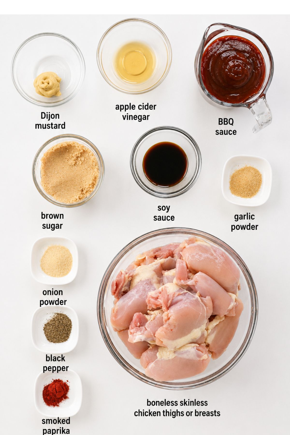 Bowls of raw boneless skinless chicken, BBQ sauce, apple cider vinegar, Dijon mustard, soy sauce, brown sugar, garlic powder, onion powder, black pepper, and smoked paprika on a white surface.