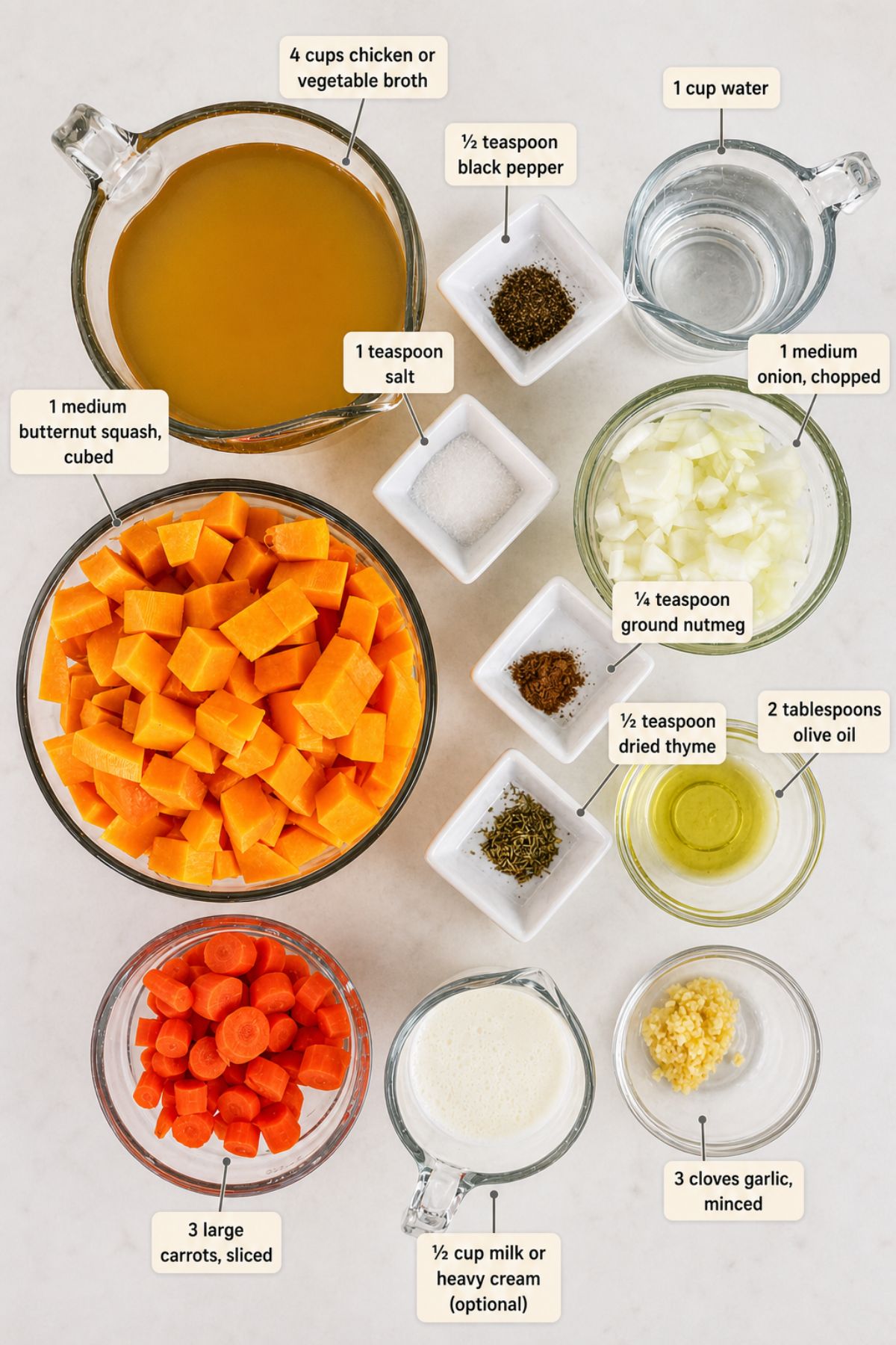 Ingredients for soup are arranged in bowls and dishes on a white surface, including cubed butternut squash, sliced carrots, onion, broth, garlic, oil, water, milk, and various spices.