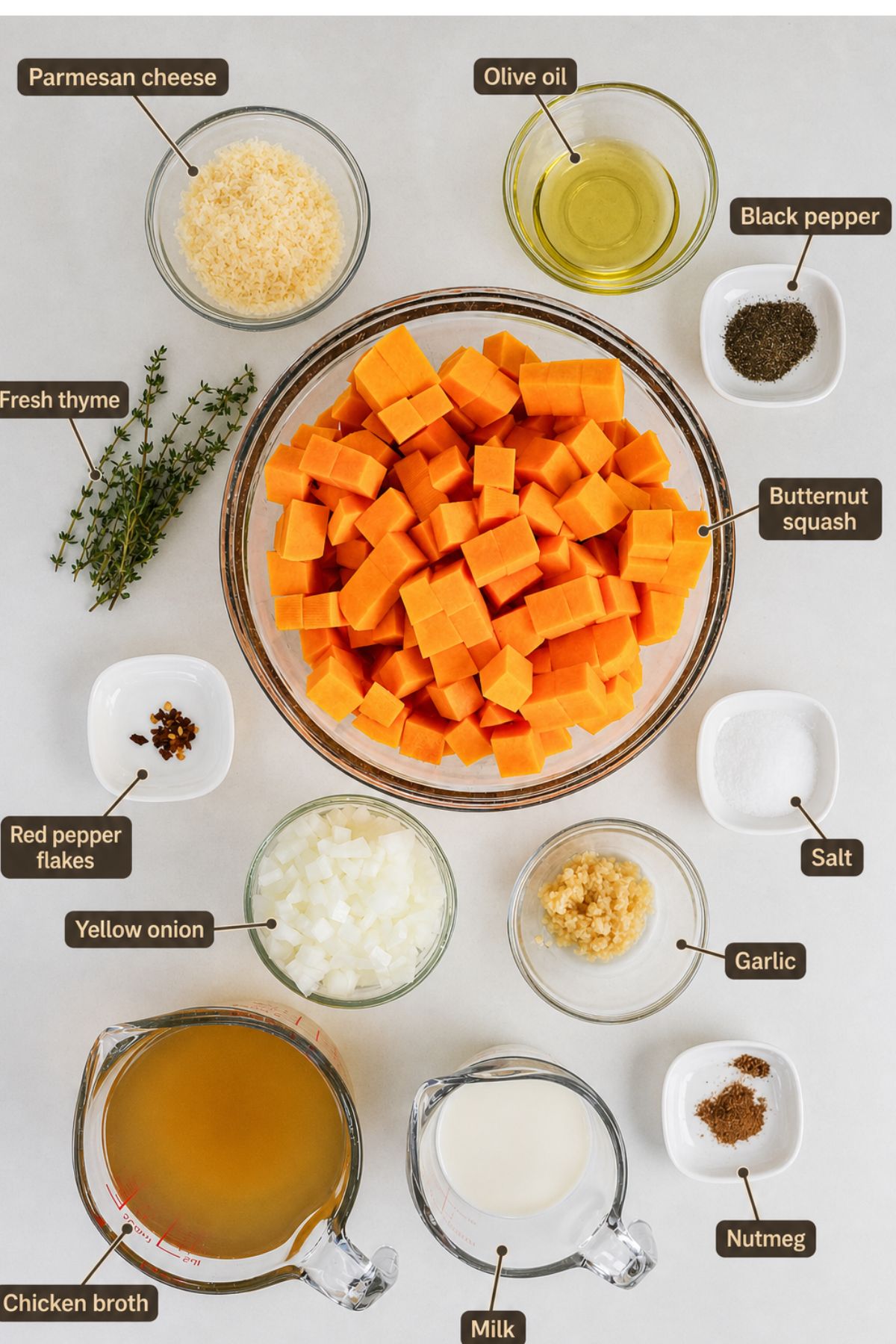 A flat lay of labeled ingredients in bowls for butternut squash soup, including butternut squash, broth, milk, onion, garlic, grated cheese, oil, thyme, salt, pepper, nutmeg, and red pepper flakes.