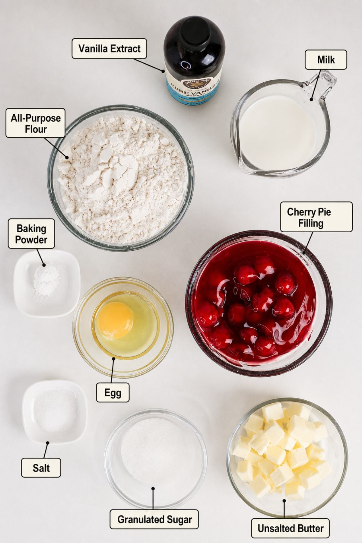 Top-down view of labeled baking ingredients for cherry fried pies: all-purpose flour, baking powder, salt, granulated sugar, egg, unsalted butter, cherry pie filling, milk, and vanilla extract on a white surface.
