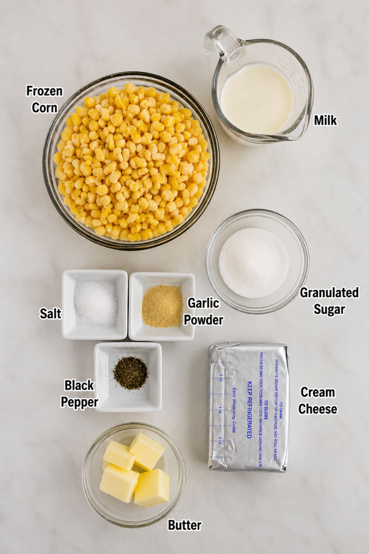 Ingredients for a recipe displayed on a white surface: frozen corn, milk, granulated sugar, garlic powder, salt, black pepper, cream cheese, and butter.