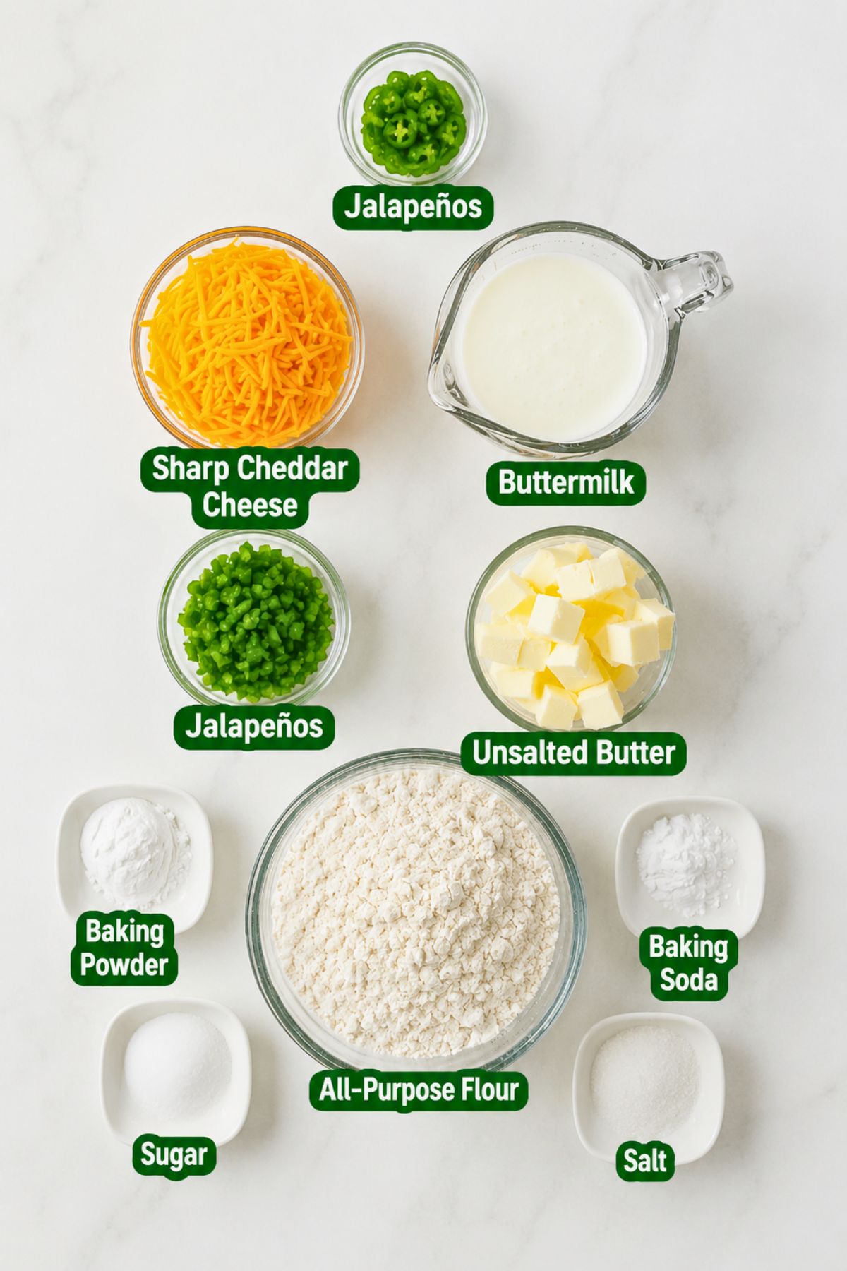 Various labeled ingredients in bowls for baking, including jalapeños, sharp cheddar cheese, buttermilk, unsalted butter, all-purpose flour, baking powder, baking soda, sugar, and salt.