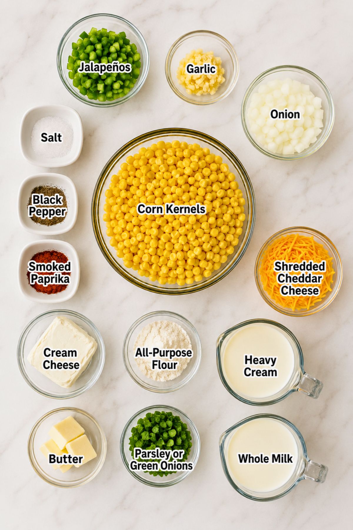 Bowls containing corn kernels, chopped onions, jalapeños, peas, garlic, shredded cheddar cheese, cream cheese, butter, flour, heavy cream, whole milk, parsley or green onions, salt, pepper, and smoked paprika.
