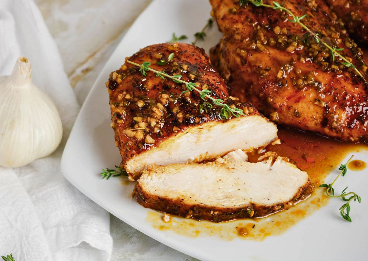 Sliced roasted chicken breast with a garlic and herb glaze on a white plate, garnished with fresh thyme; whole garlic bulb nearby.