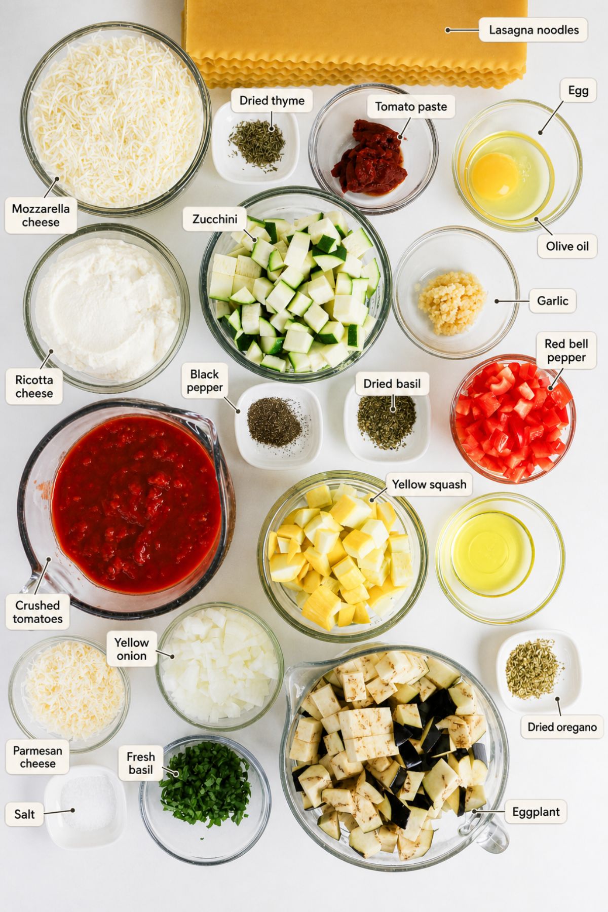 Various lasagna ingredients displayed in bowls, including cheeses, vegetables, sauces, spices, olive oil, egg, and dried herbs, arranged neatly on a white surface with labeled tags.