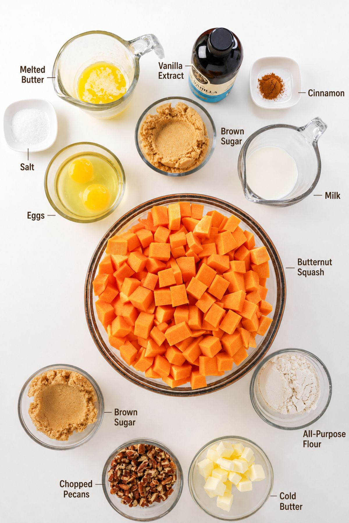 Overhead view of baking ingredients in bowls, including cubed butternut squash, eggs, brown sugar, flour, pecans, melted butter, milk, vanilla extract, cinnamon, salt, and cold butter cubes.