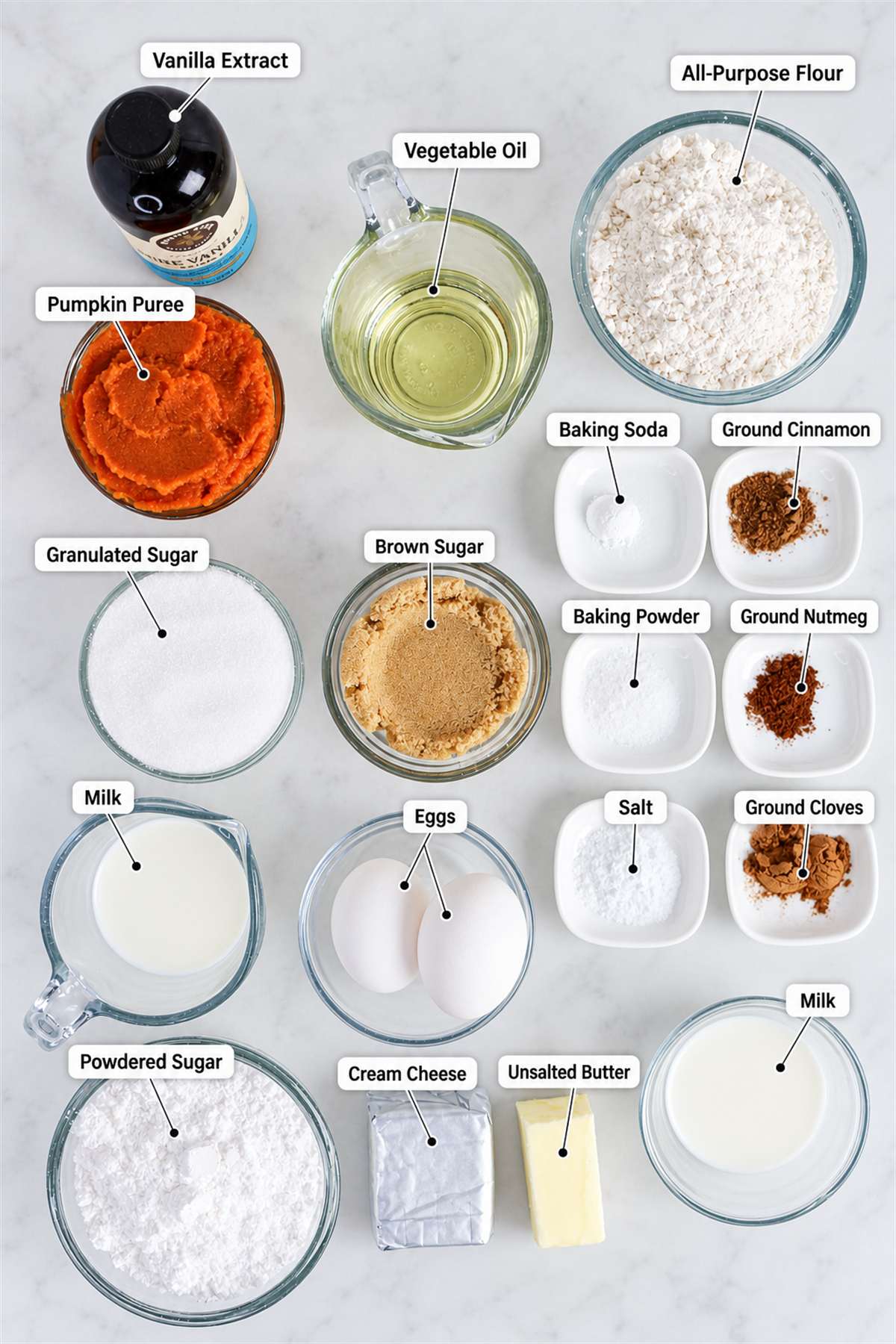 Various labeled baking ingredients including flour, sugars, pumpkin puree, eggs, spices, milk, cream cheese, butter, vanilla, and oil are arranged on a white countertop in clear bowls.