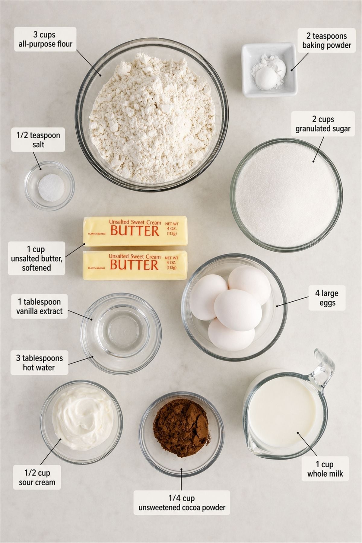 Assorted baking ingredients arranged on a white surface, including flour, sugar, butter, eggs, milk, sour cream, cocoa powder, salt, baking powder, vanilla extract, and hot water.