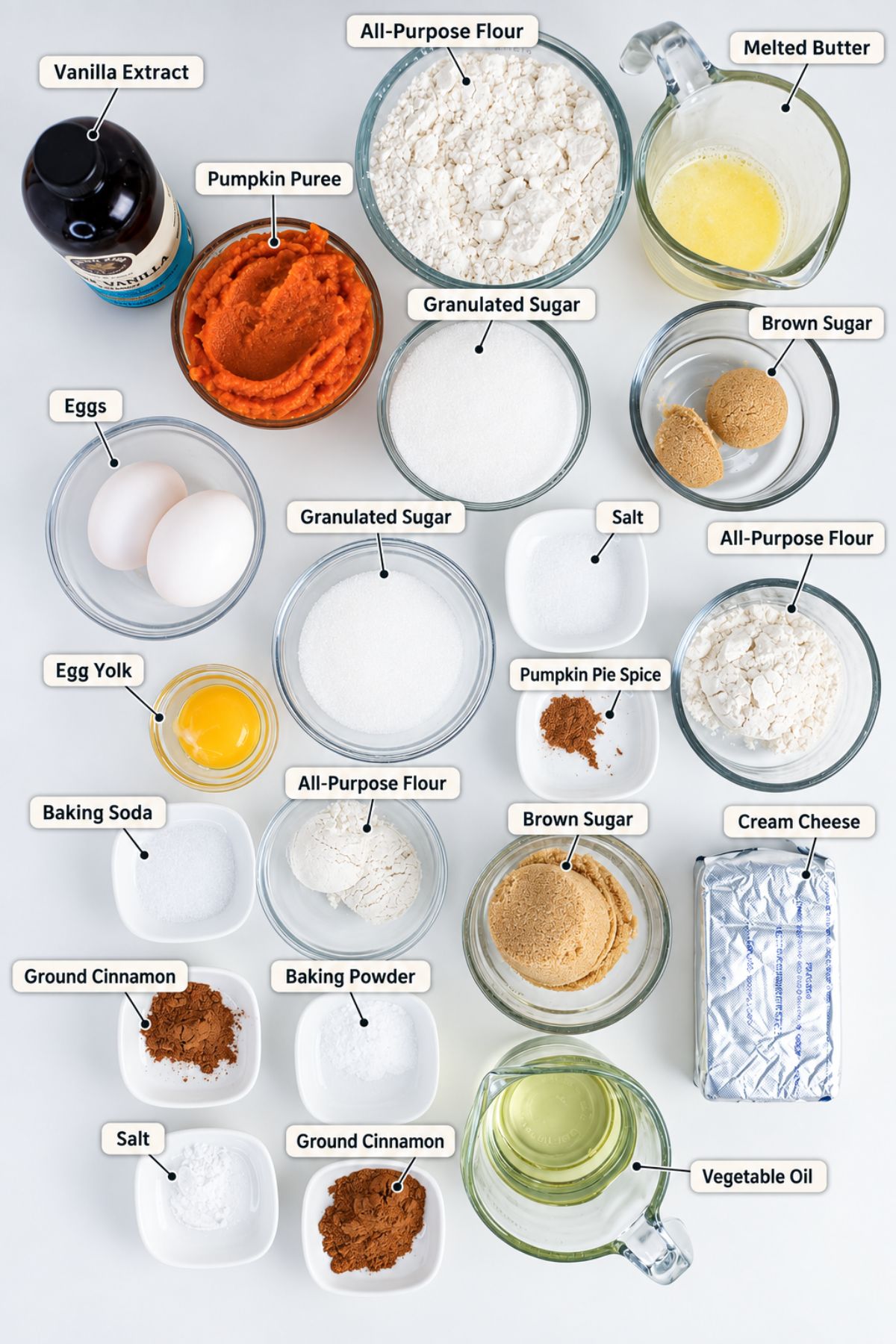 Baking ingredients including flour, sugars, eggs, butter, pumpkin puree, spices, vanilla extract, cream cheese, baking soda, baking powder, salt, and vegetable oil arranged on a white surface.