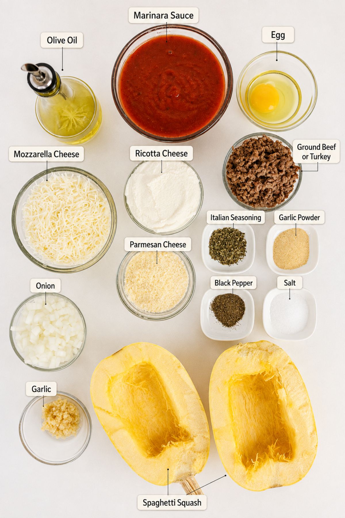 Top-down view of labeled bowls containing ingredients for a spaghetti squash casserole, including cheese, squash, seasonings, ground meat, marinara sauce, olive oil, egg, onion, and garlic.