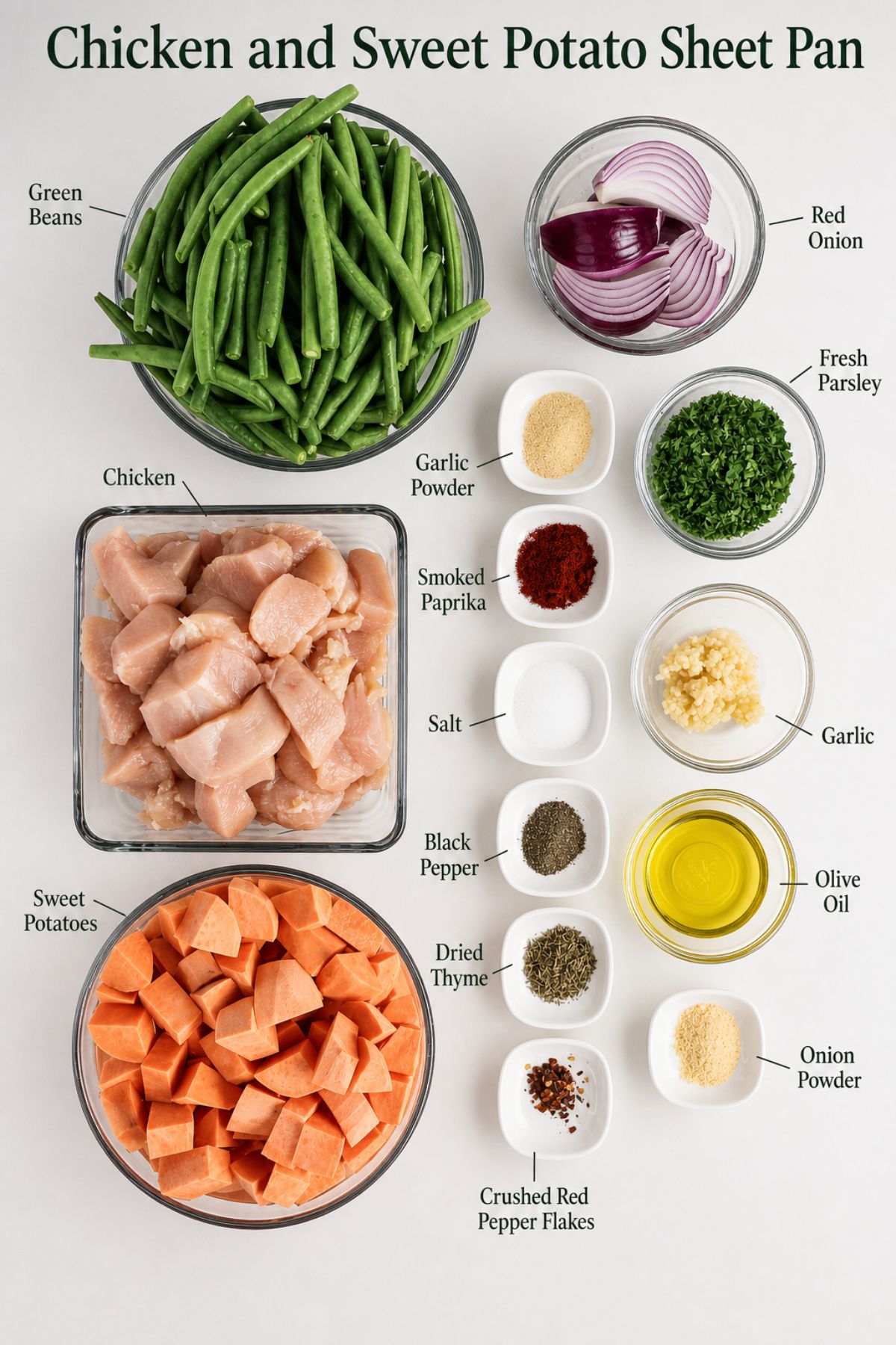 Ingredients for chicken and sweet potato sheet pan: green beans, red onion, fresh parsley, chicken, garlic, sweet potatoes, spices, olive oil, and seasonings arranged in bowls on a white background.
