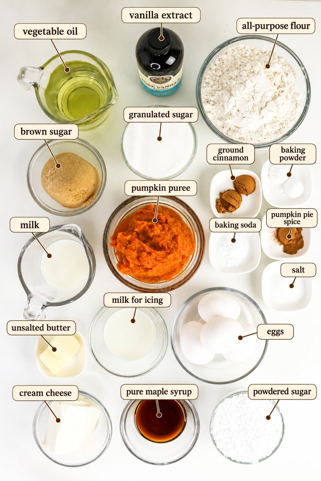 Ingredients for a pumpkin recipe arranged on a white surface, with labels identifying vegetable oil, vanilla extract, flour, sugars, pumpkin puree, spices, milk, butter, eggs, syrup, and cream cheese.