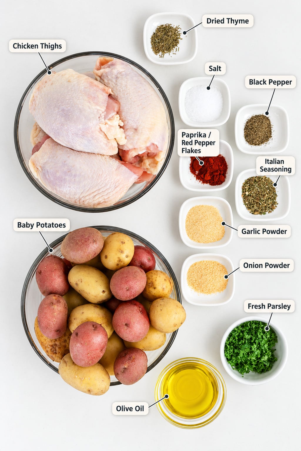 Ingredients for a chicken and potato recipe laid out on a white surface, including raw chicken thighs, baby potatoes, olive oil, and small bowls of dried herbs and spices labeled with their names.